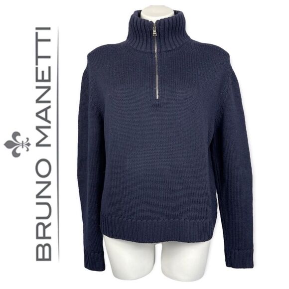 BRUNO MANETTI Merino Wool Boxy Quarter Zip Sweater Made In Italy Navy Blue M - Picture 4 of 16